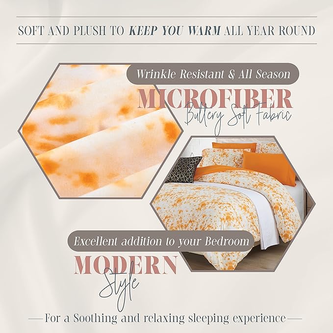 Elegant Comfort Reversible 10-Piece Comforter Set, Tie-Dye Print, Decorative Pillow and Fitted Sheet with Smart Pockets, Soft, Plush, Lightweight Material, 10pc Tie-Dye Set, Queen, Orange