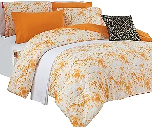 Elegant Comfort Reversible 10-Piece Comforter Set, Tie-Dye Print, Decorative Pillow and Fitted Sheet with Smart Pockets, Soft, Plush, Lightweight Material, 10pc Tie-Dye Set, Queen, Orange