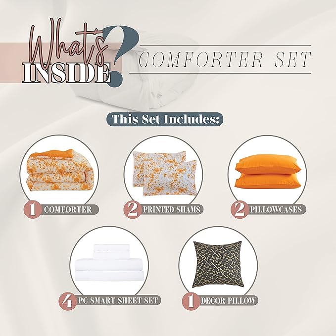 Elegant Comfort Reversible 10-Piece Comforter Set, Tie-Dye Print, Decorative Pillow and Fitted Sheet with Smart Pockets, Soft, Plush, Lightweight Material, 10pc Tie-Dye Set, Queen, Orange
